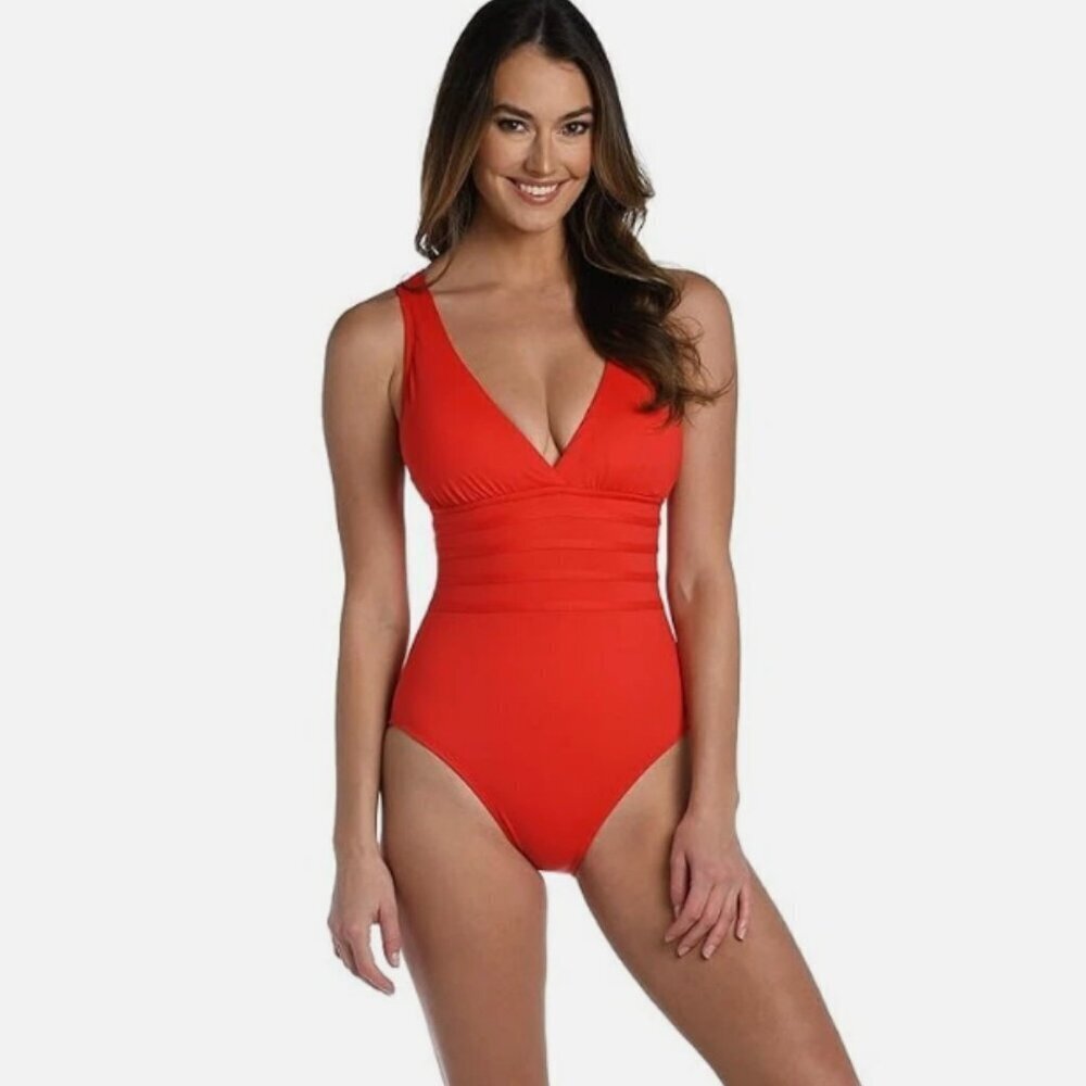 La Blanca Island Goddess Multi Strap Cross-Back Mio in Cherry Red Size 12 - Picture 1 of 14